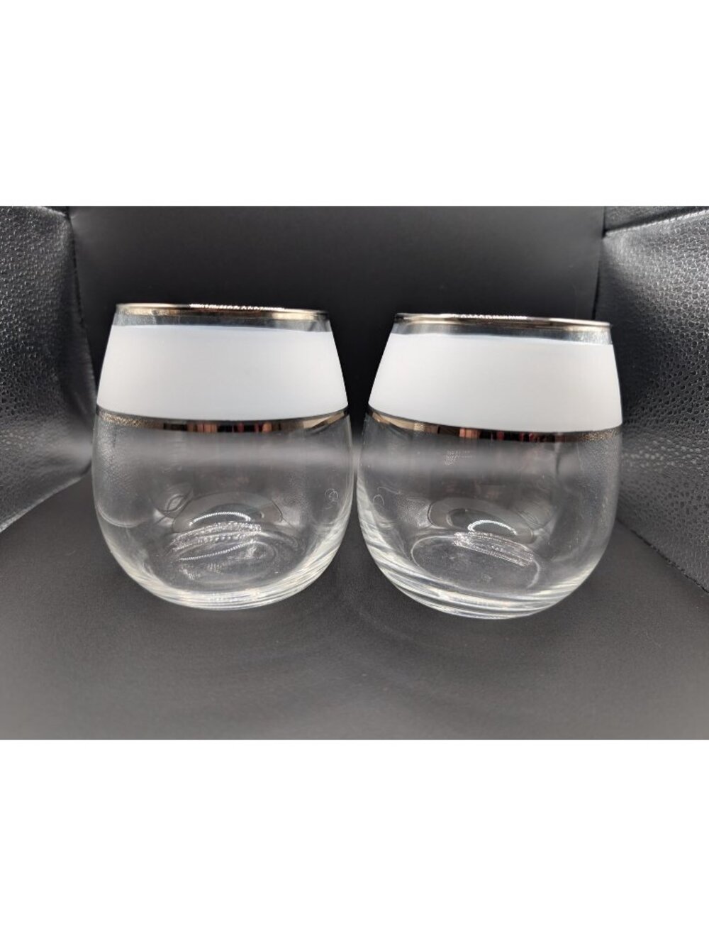 Vintage MCM "Roly Poly" Glasses Set of 2 White Band Silver Accent Water Wine